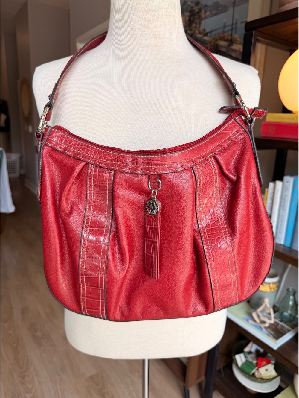 Red Leather Shoulder Bag with Crocodile Embossed Trim